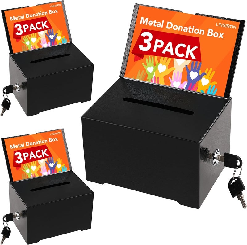 LINSIRON 3Pcs Black Tip Jar Suggestion Box with Slot and Lock Metal Donation Raffle Fundraising Cash Ballot Money Ticket Bartender Voting Prayer Comment Teacher Mailbox Booth Card Coin Classroom - Image 1
